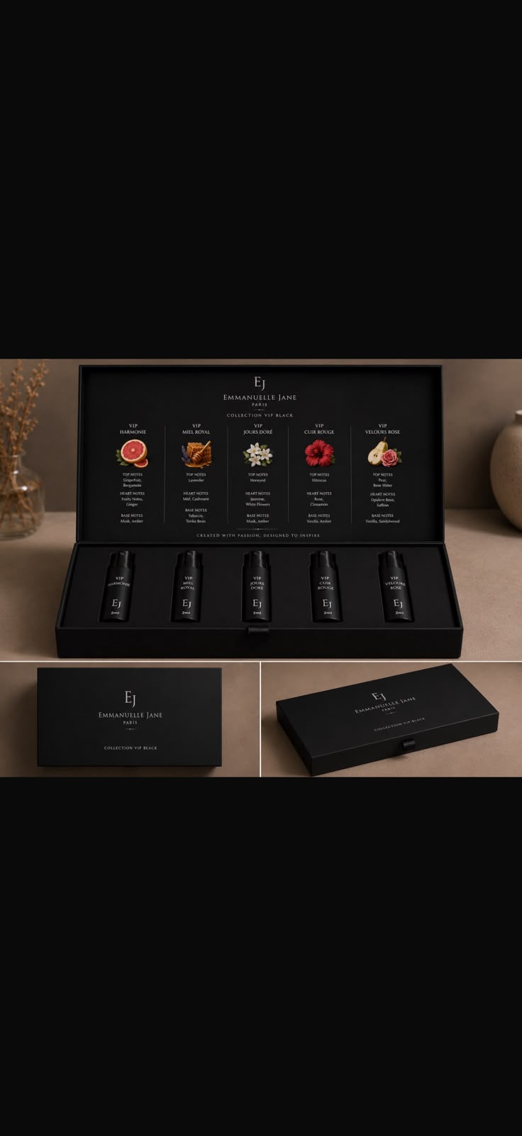 Coffret découverte noir Emmanuelle Jane avec cinq échantillons